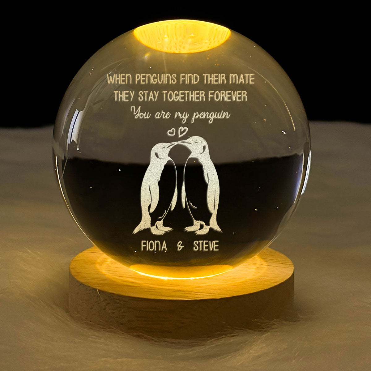 When Penguins Find Their Mate - Personalized Wooden Base Crystal Lamp