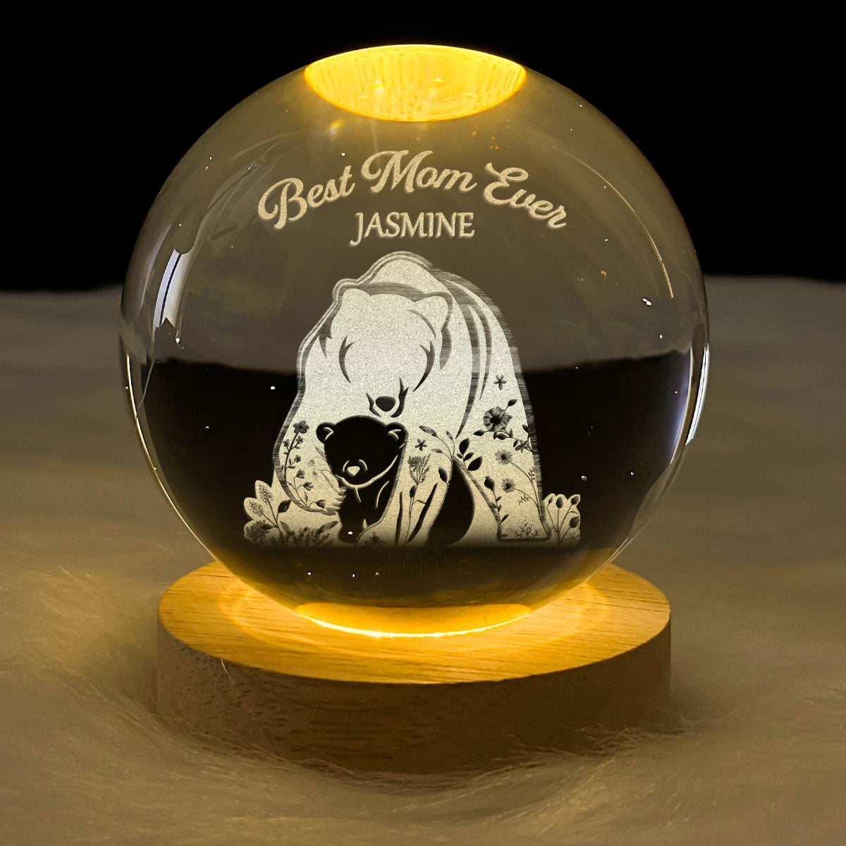 Mama Bear - Personalized Wooden Base Crystal Lamp