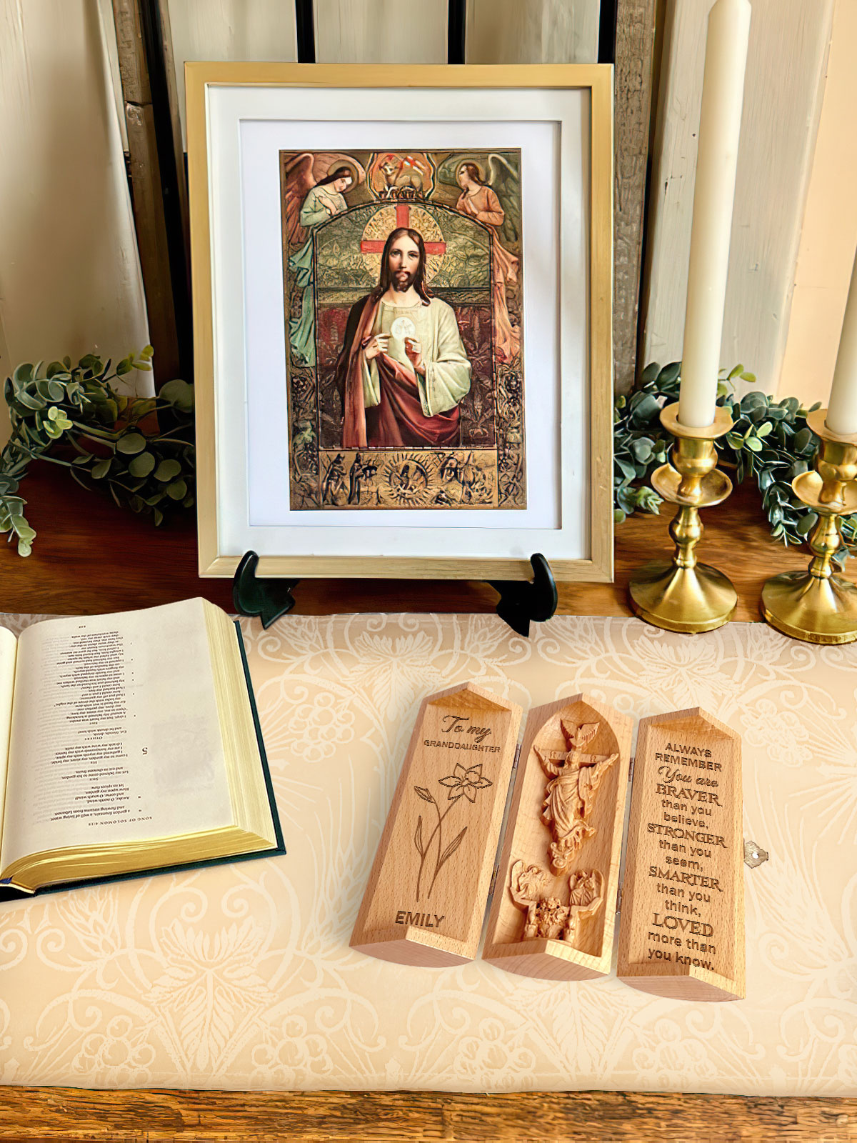 You Are Braver Than You Believe Gift For Daughter, Granddaughter, Son - Personalized Openable Wooden Cylinder Sculpture of Jesus Christ