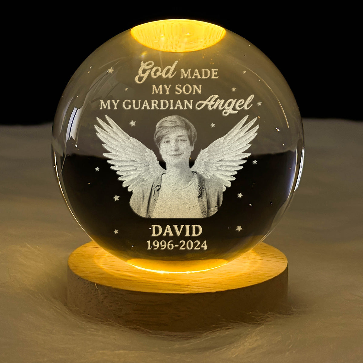 God Made My Son My Guardian Angel - Personalized Wooden Base Crystal Lamp
