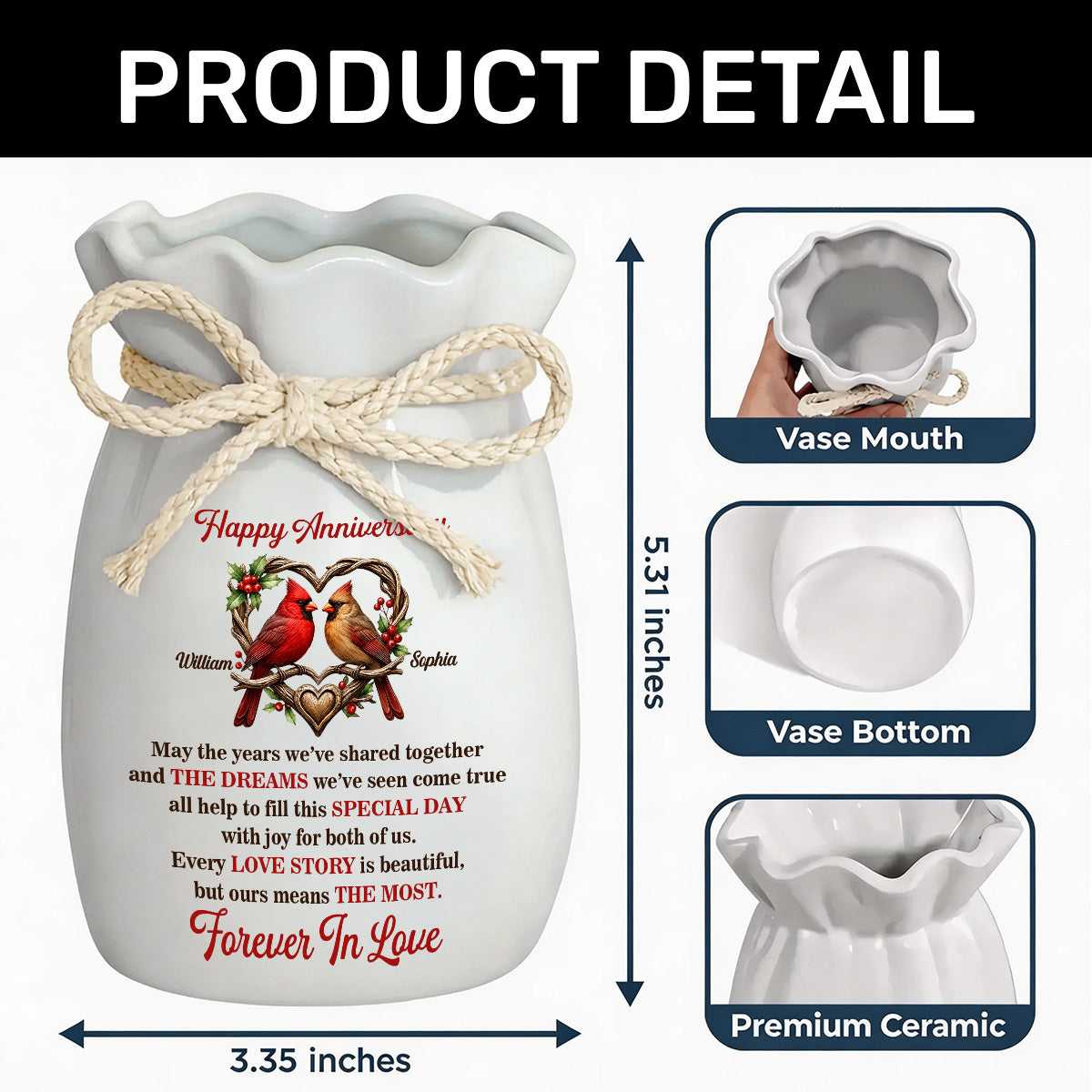 Forever Cardinals Love Keepsake - Personalized Flower Vase With Ribbon