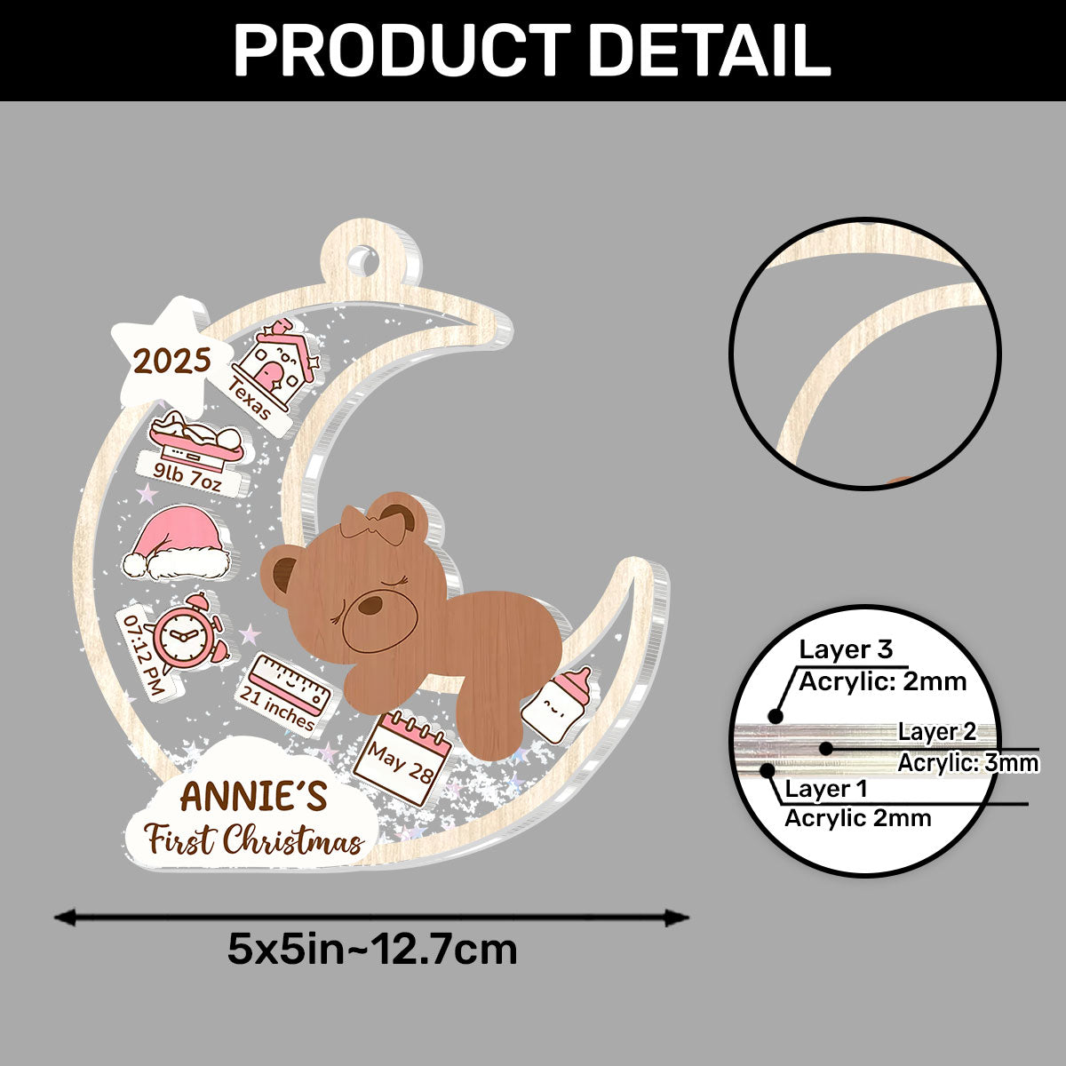 Baby's First Christmas Bear Moon - Personalized 3 Layered Christmas Shaker Ornament FCCSOLEHA2156D