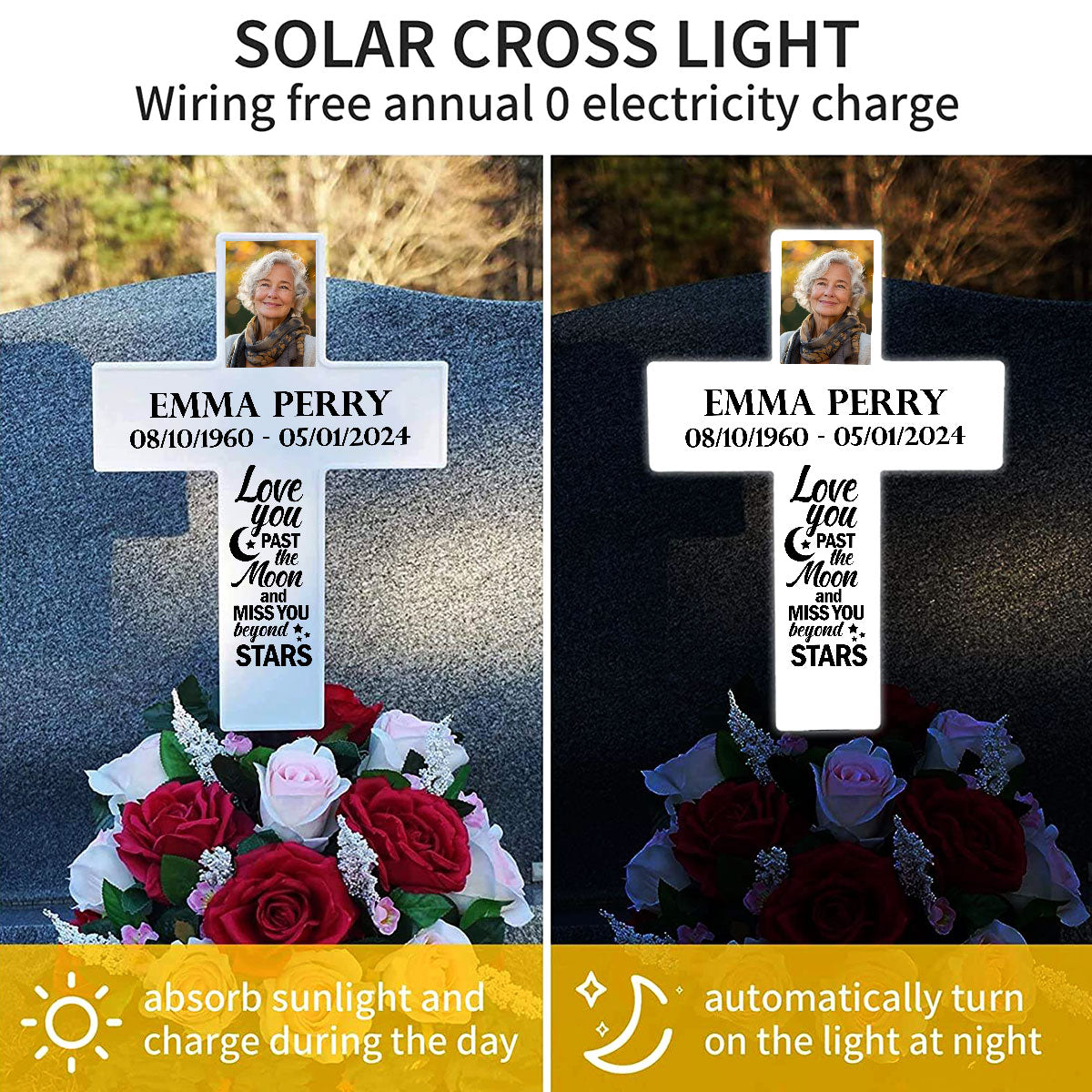 Personalized Solar Powered Lighted White Cross | Memorial Quotes For Christian SPLWCH01-09