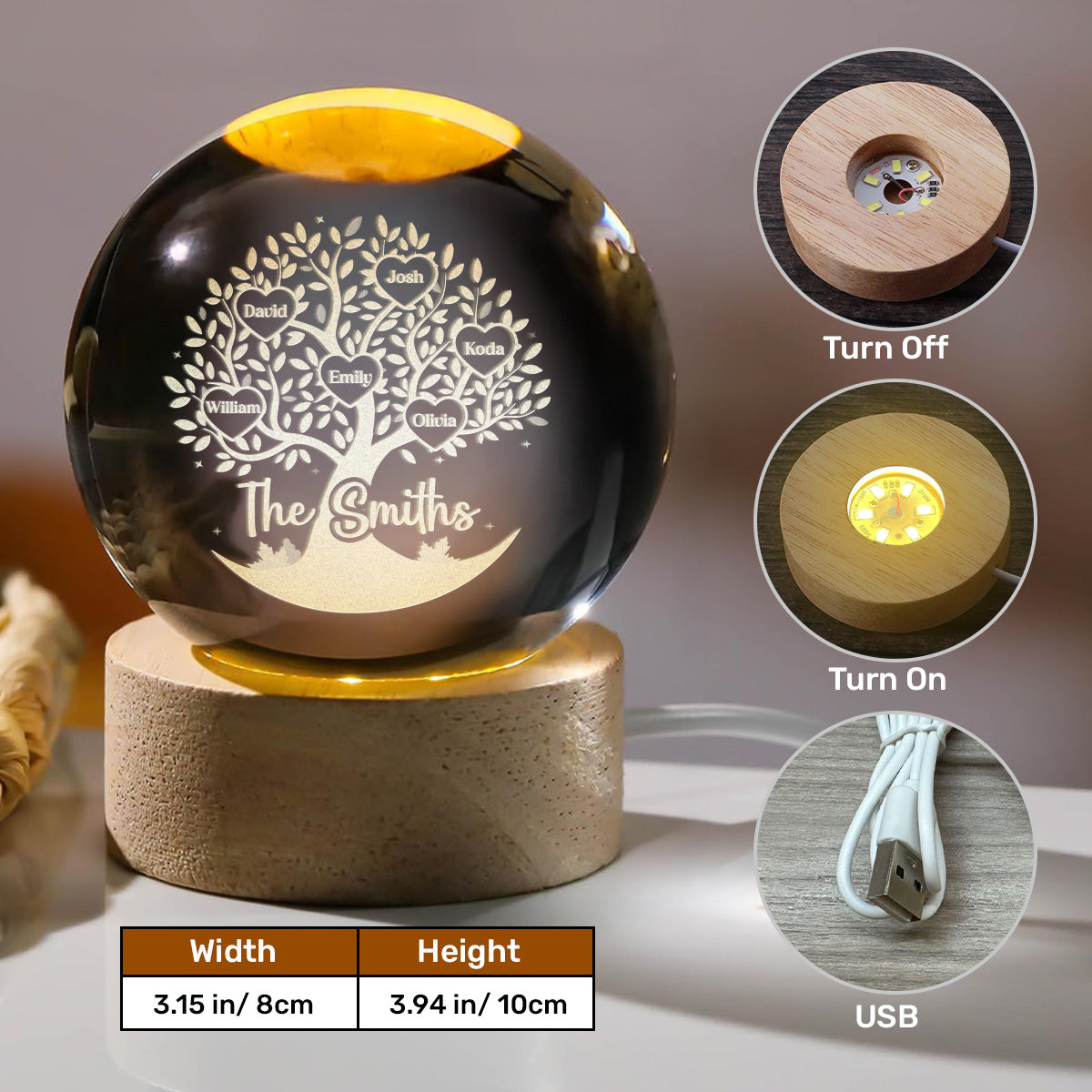 Family Tree - Personalized Wooden Base Crystal Lamp