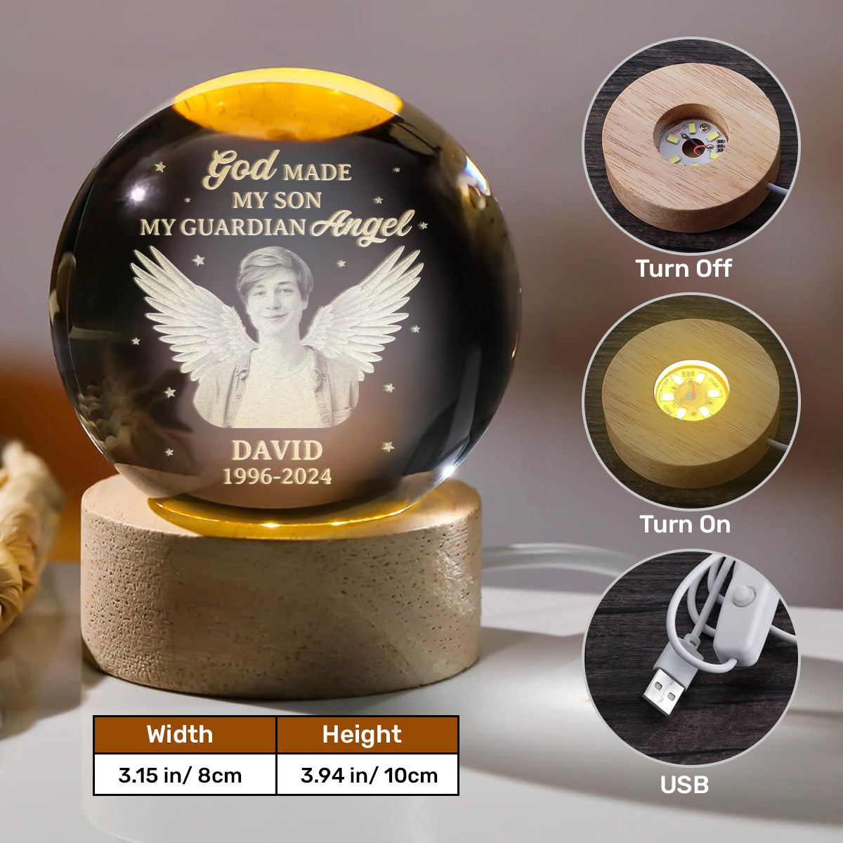 God Made My Son My Guardian Angel - Personalized Wooden Base Crystal Lamp