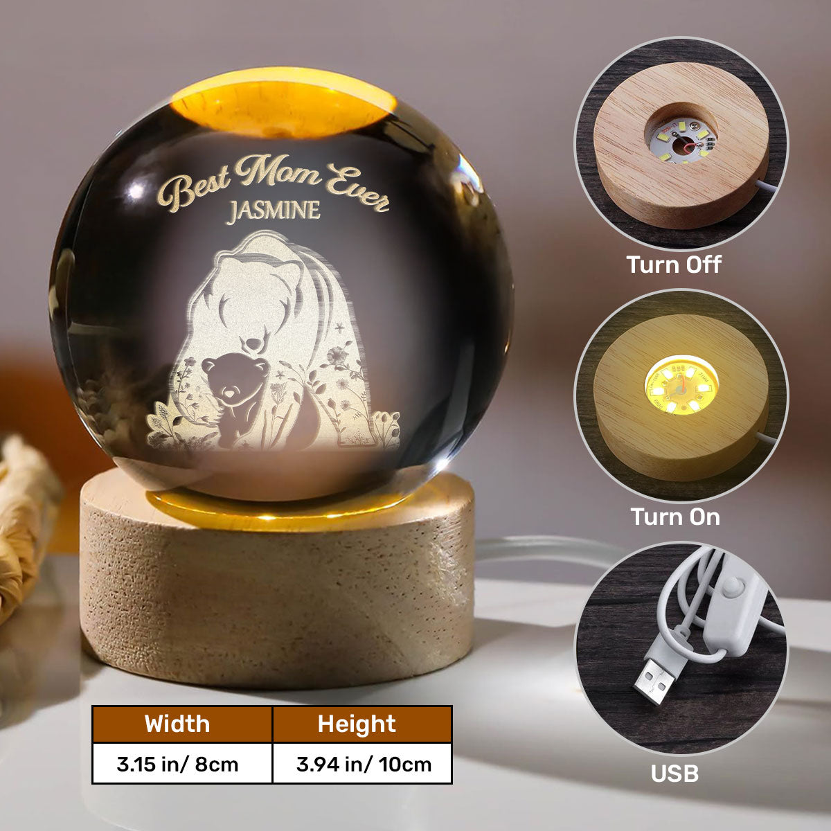 Mama Bear - Personalized Wooden Base Crystal Lamp