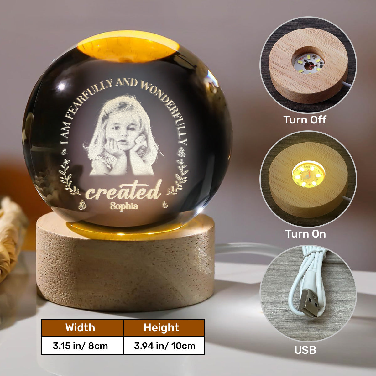 I Am Fearfully And Wonderfully Created - Personalized Wooden Base Crystal Lamp