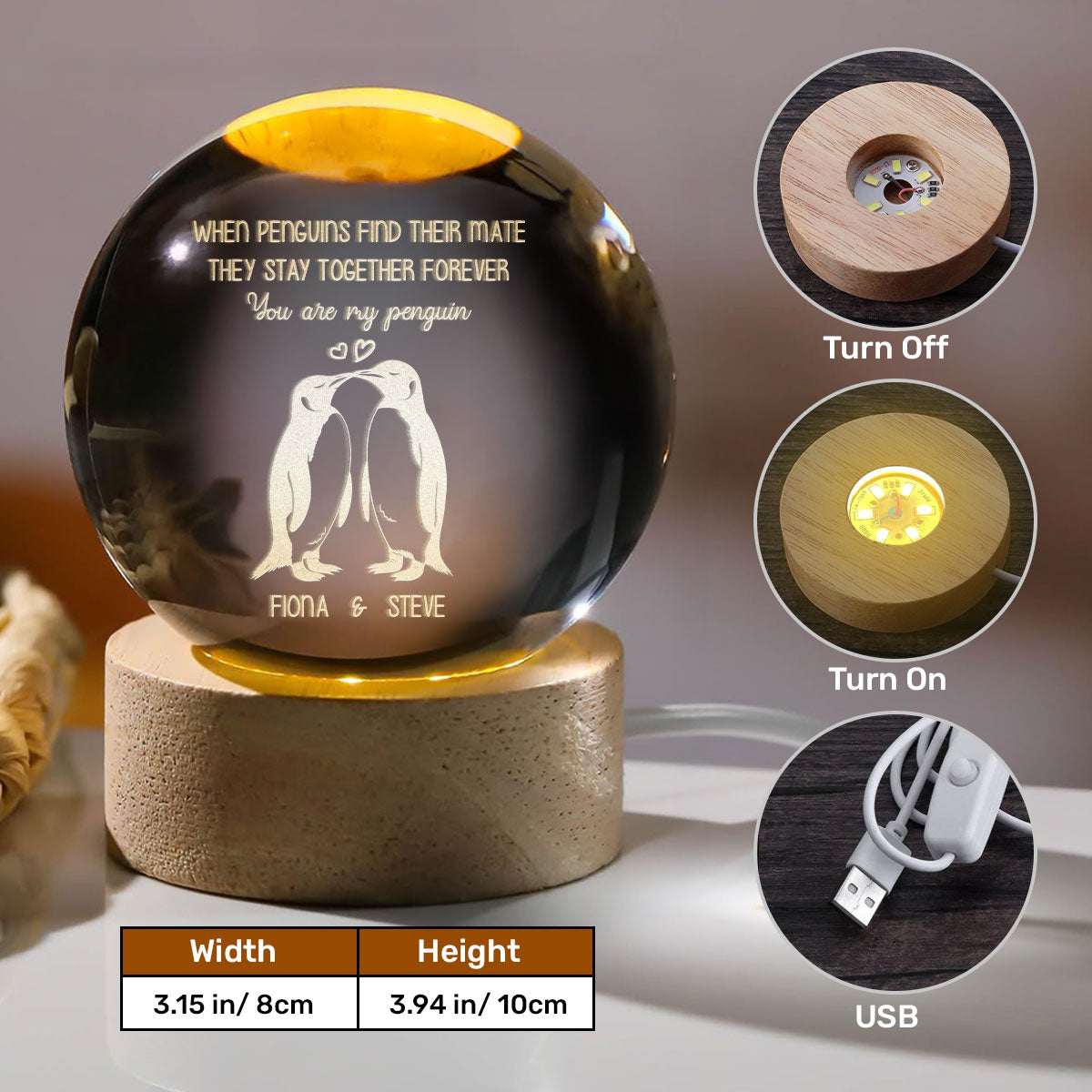 When Penguins Find Their Mate - Personalized Wooden Base Crystal Lamp