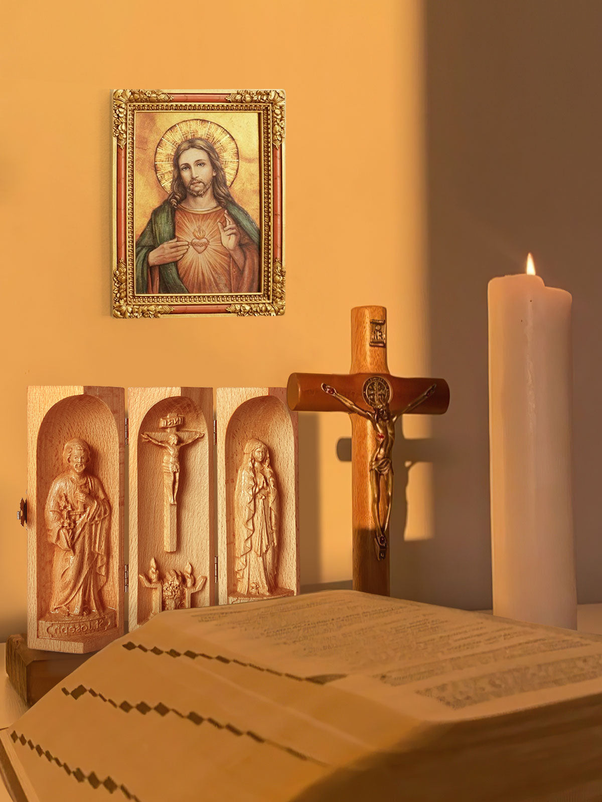 The Holy Family - Openable Wooden Cylinder Sculpture
