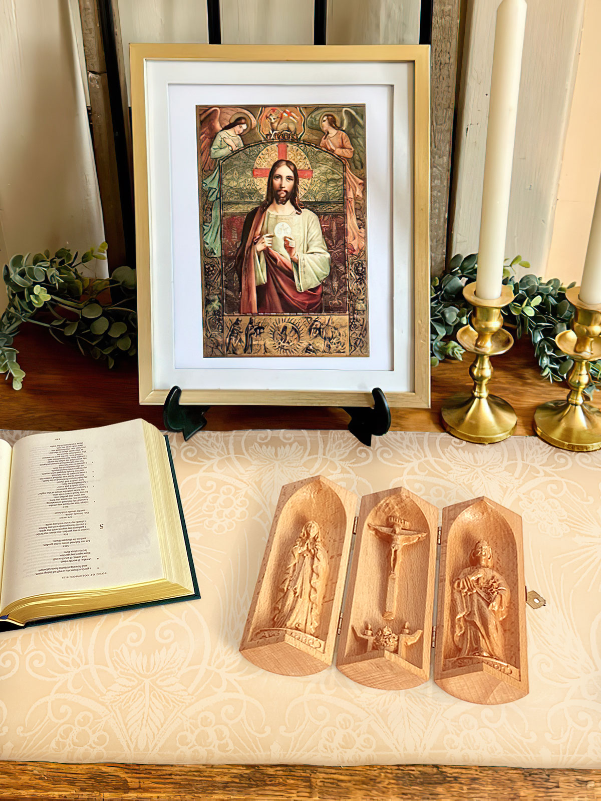 The Holy Family - Openable Wooden Cylinder Sculpture