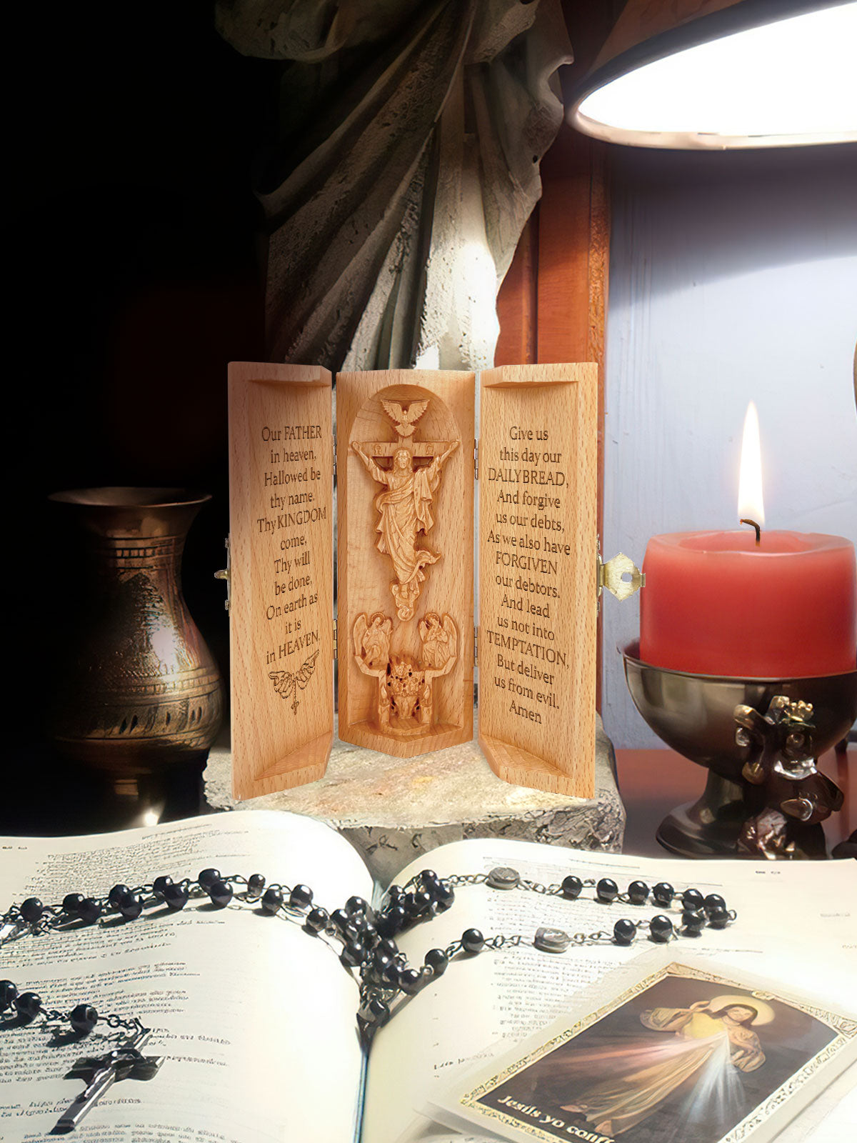 The Lord's Prayer - Openable Wooden Cylinder Sculpture of Jesus Christ