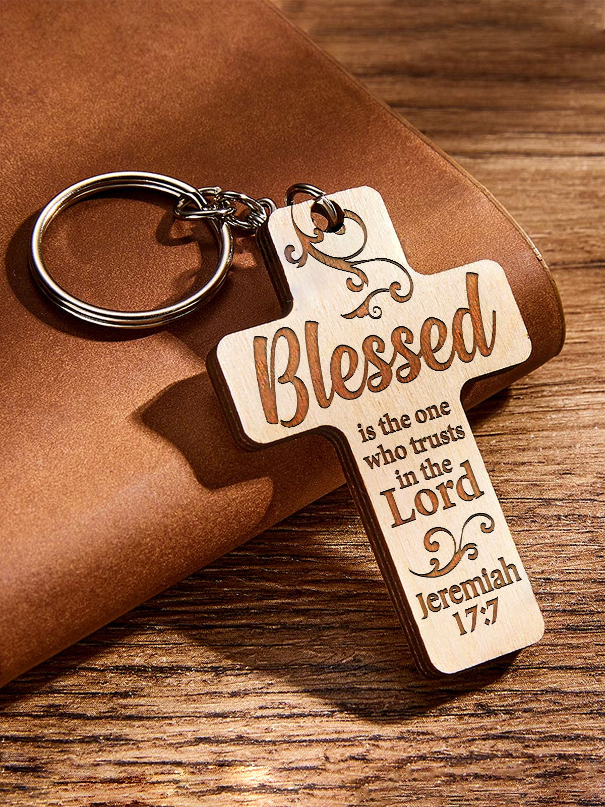 Jeremiah 17:7 - Engraved Wooden Cross Keychain – FaithCorner
