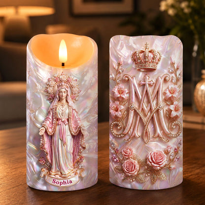 Our Lady With Pearl Roses - Personalized Flameless LED Candle