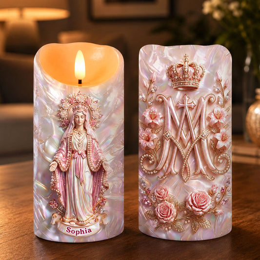 Our Lady With Pearl Roses - Personalized Flameless LED Candle