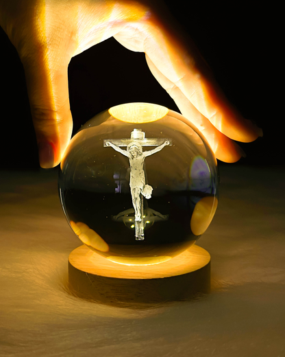 3D Jesus Engraved Wooden Light Base Crystal Globe