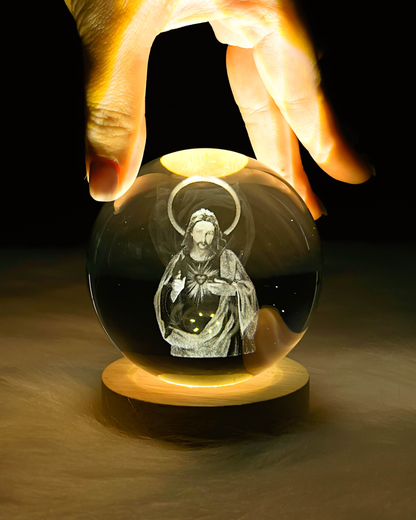 3D Sacred Heart of Jesus Christ Wooden Light Base Crystal Globe