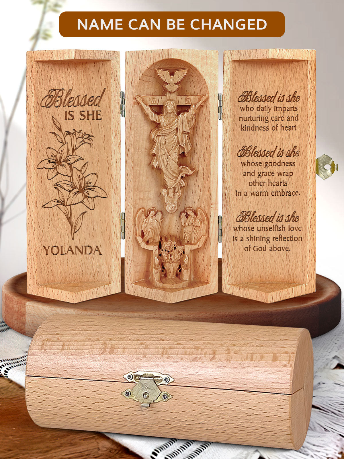 Blessed Is She - Personalized Openable Wooden Cylinder Sculpture of Jesus Christ