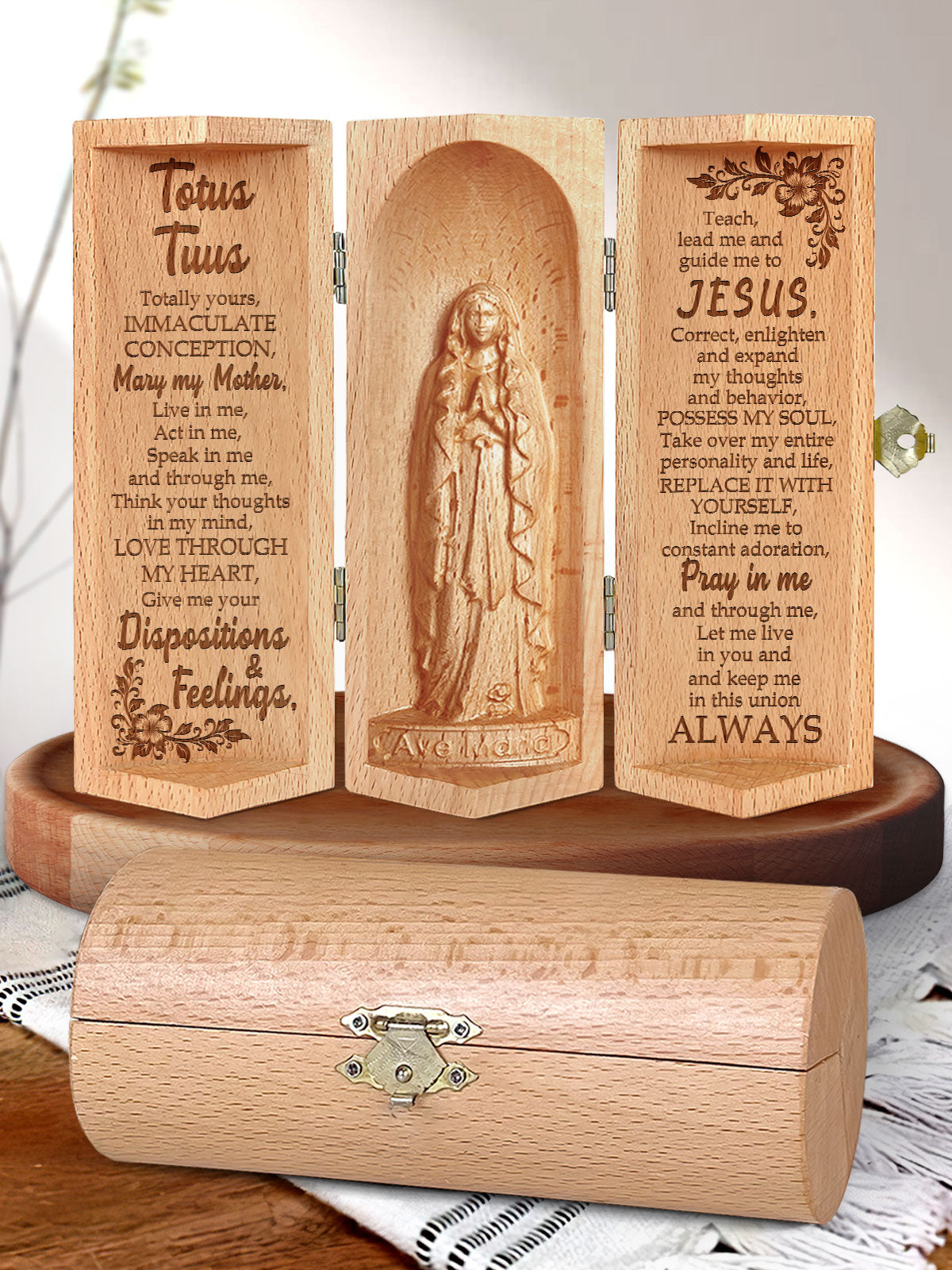 Totus Tuus - Openable Wooden Cylinder Sculpture of Mother Maria