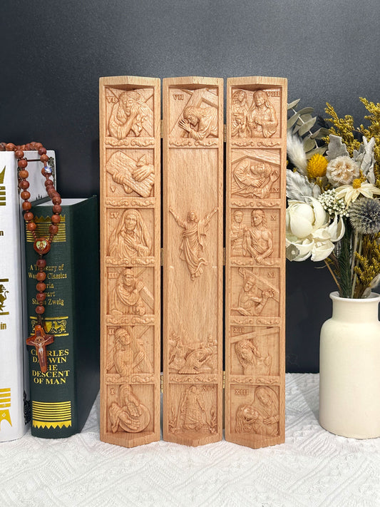 14 Stations of the Cross Openable Wood Cylinder Art