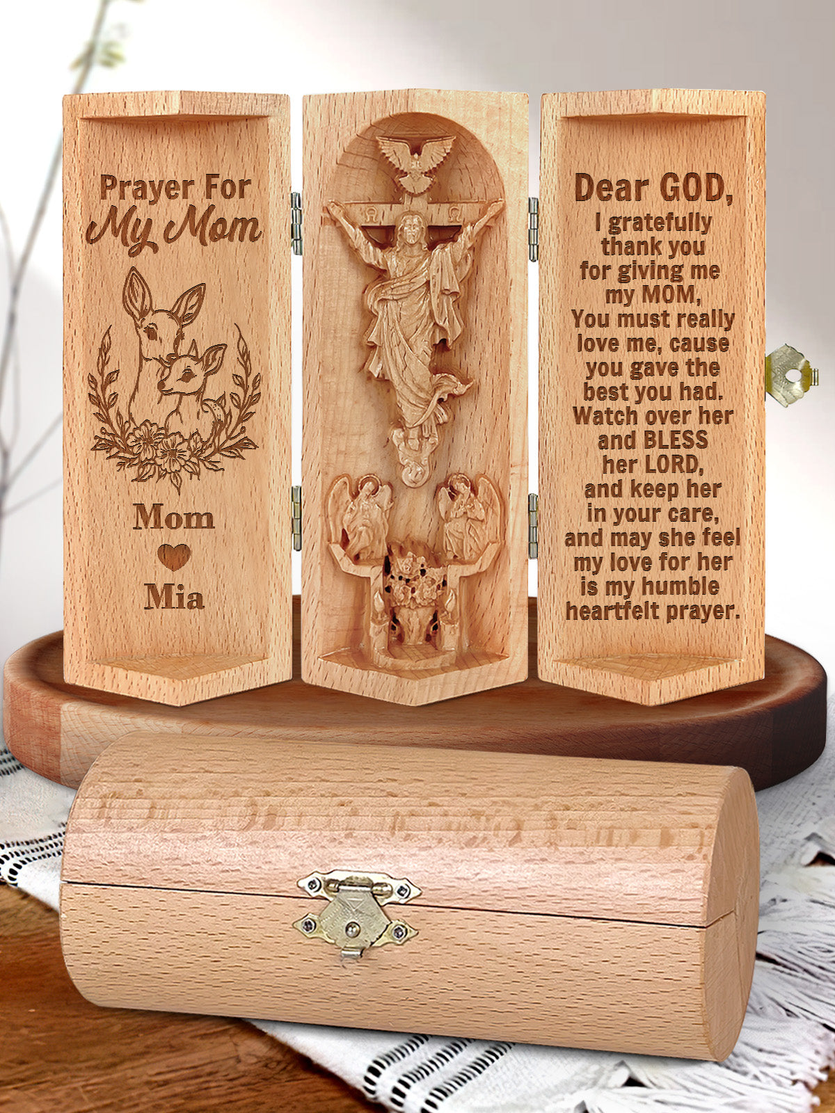 Personalized Prayer For My Mom - Personalized Openable Wooden Cylinder Sculpture of Jesus Christ FCWJCLETN2377T