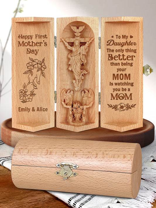 Watching You Be A Mom - Personalized Openable Wooden Cylinder Sculpture of Jesus Christ