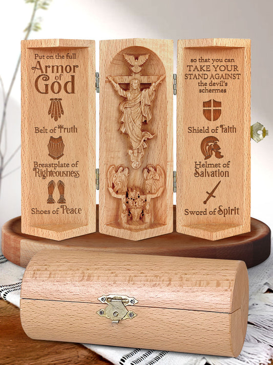 Armor Of God - Openable Wooden Cylinder Sculpture of Jesus Christ