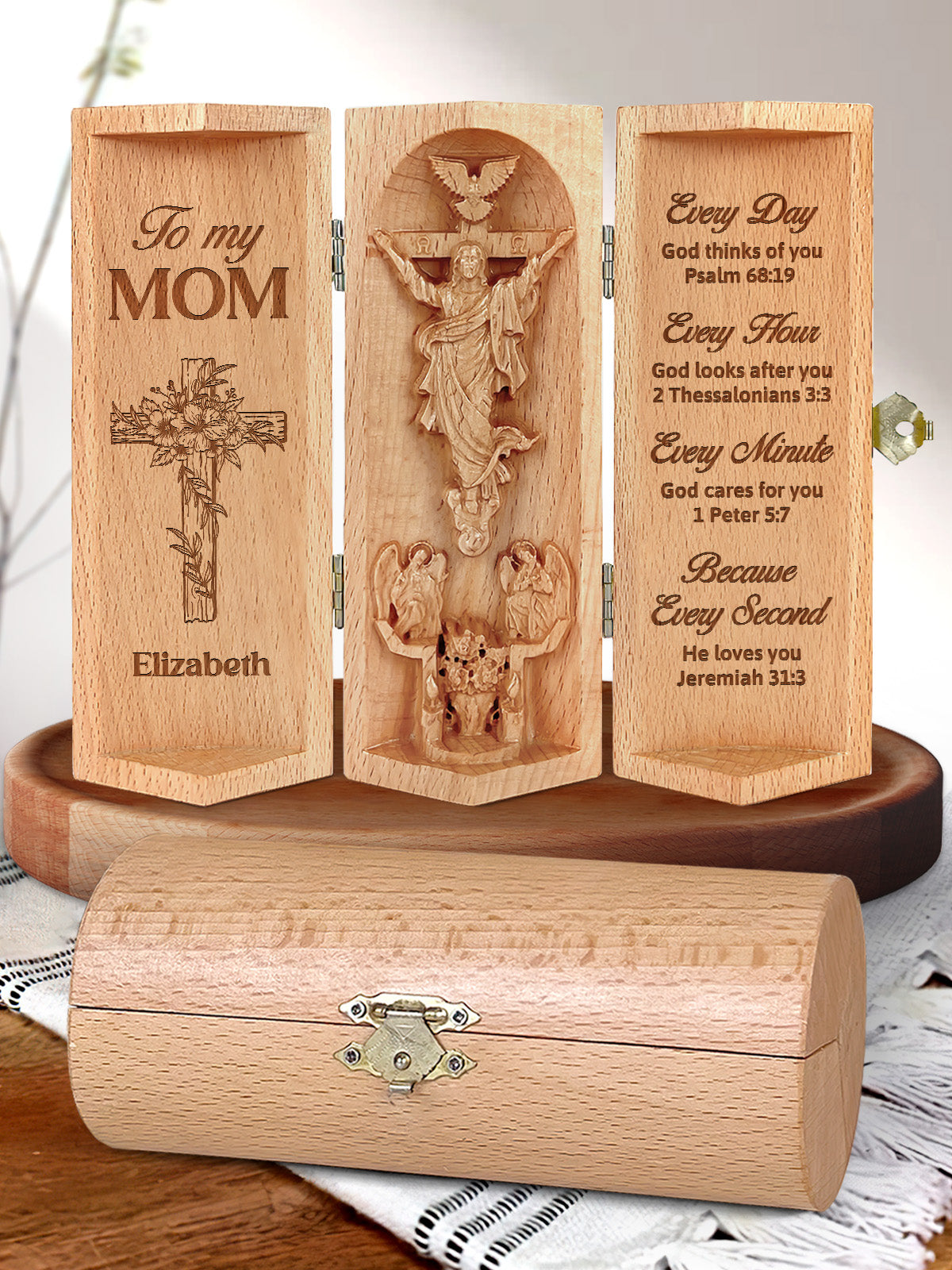 God Loves You - Personalized Openable Wooden Cylinder Sculpture of Jesus Christ