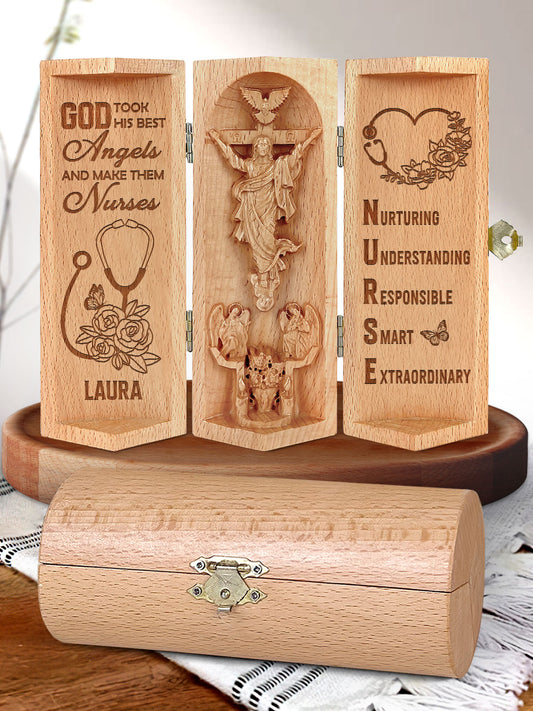 God Took His Best Angels Nurses - Personalized Openable Wooden Cylinder Sculpture of Jesus Christ FCWJCLEHA2630L