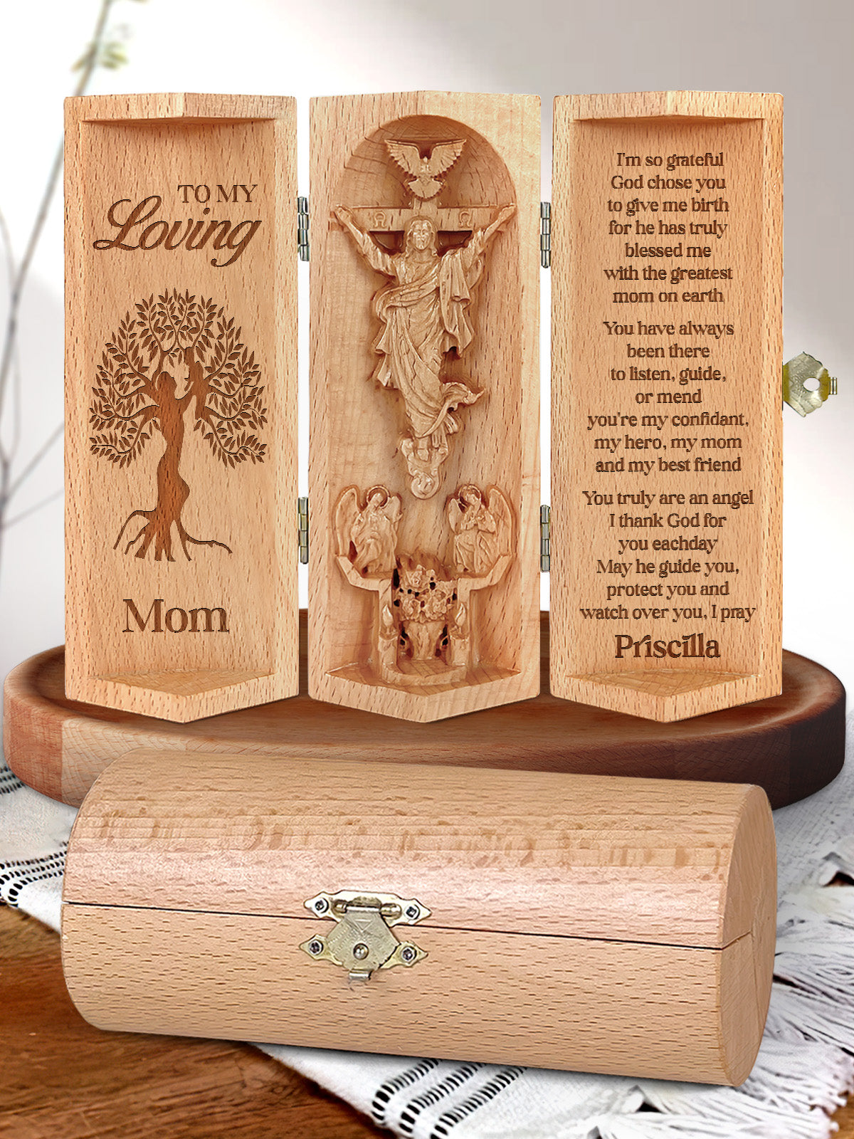 Greatest Mom On Earth - Personalized Openable Wooden Cylinder Sculpture of Jesus Christ FCWJCLETN2323L