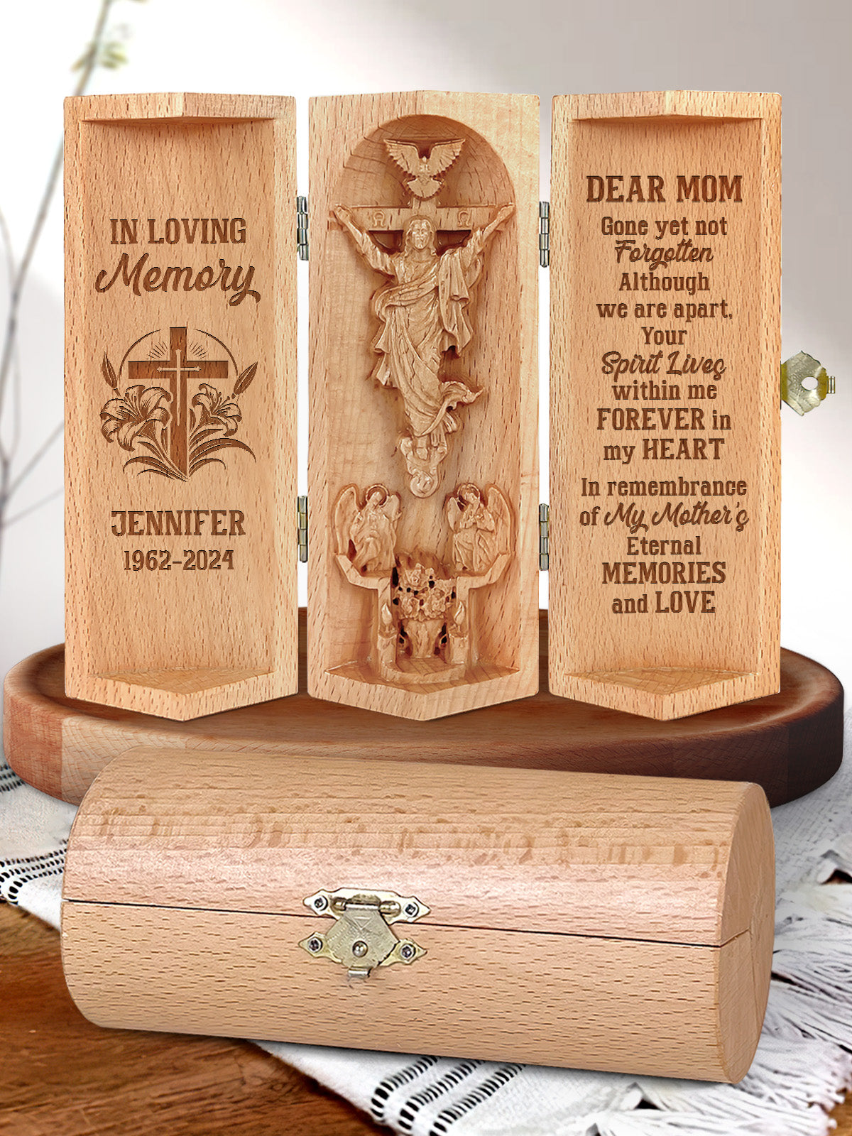 Your Spirit Lives Within Me Forever In My Heart - Personalized Openable Wooden Cylinder Sculpture of Jesus Christ