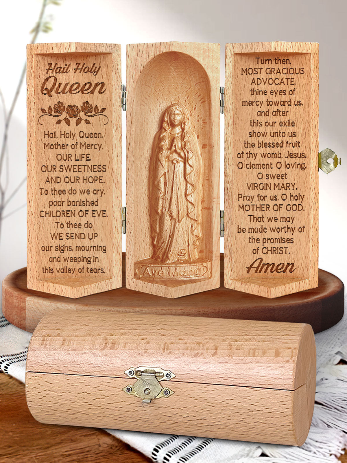 Hail Holy Queen - Openable Wooden Cylinder Sculpture of Mother Maria