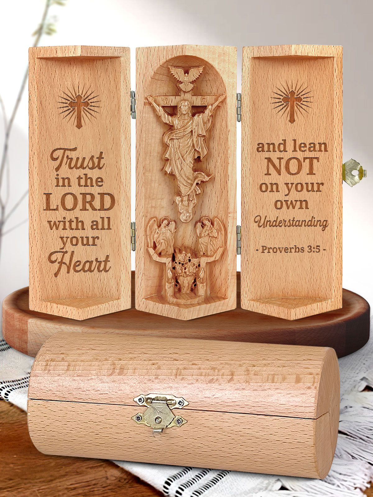 Proverbs 3:5 - Openable Wooden Cylinder Sculpture of Jesus Christ