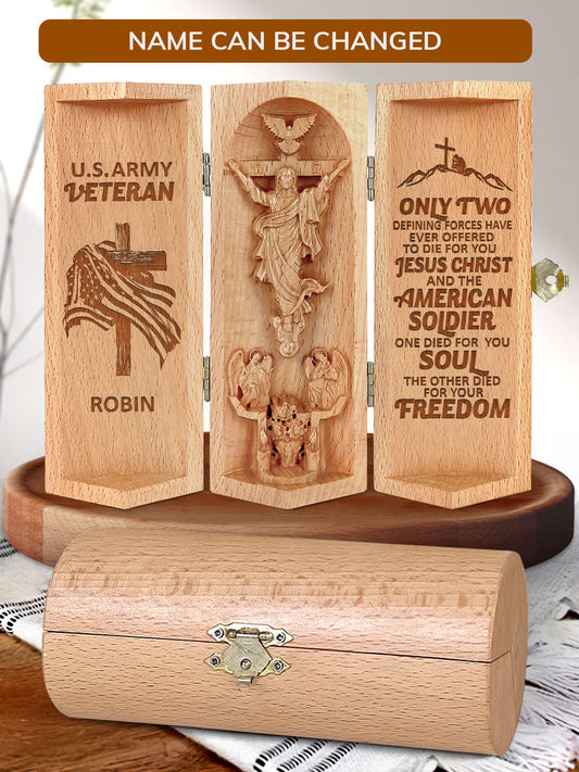 Jesus Christ & The American Soldier - Personalized Openable Wooden Cylinder Sculpture of Jesus Christ CVSM38