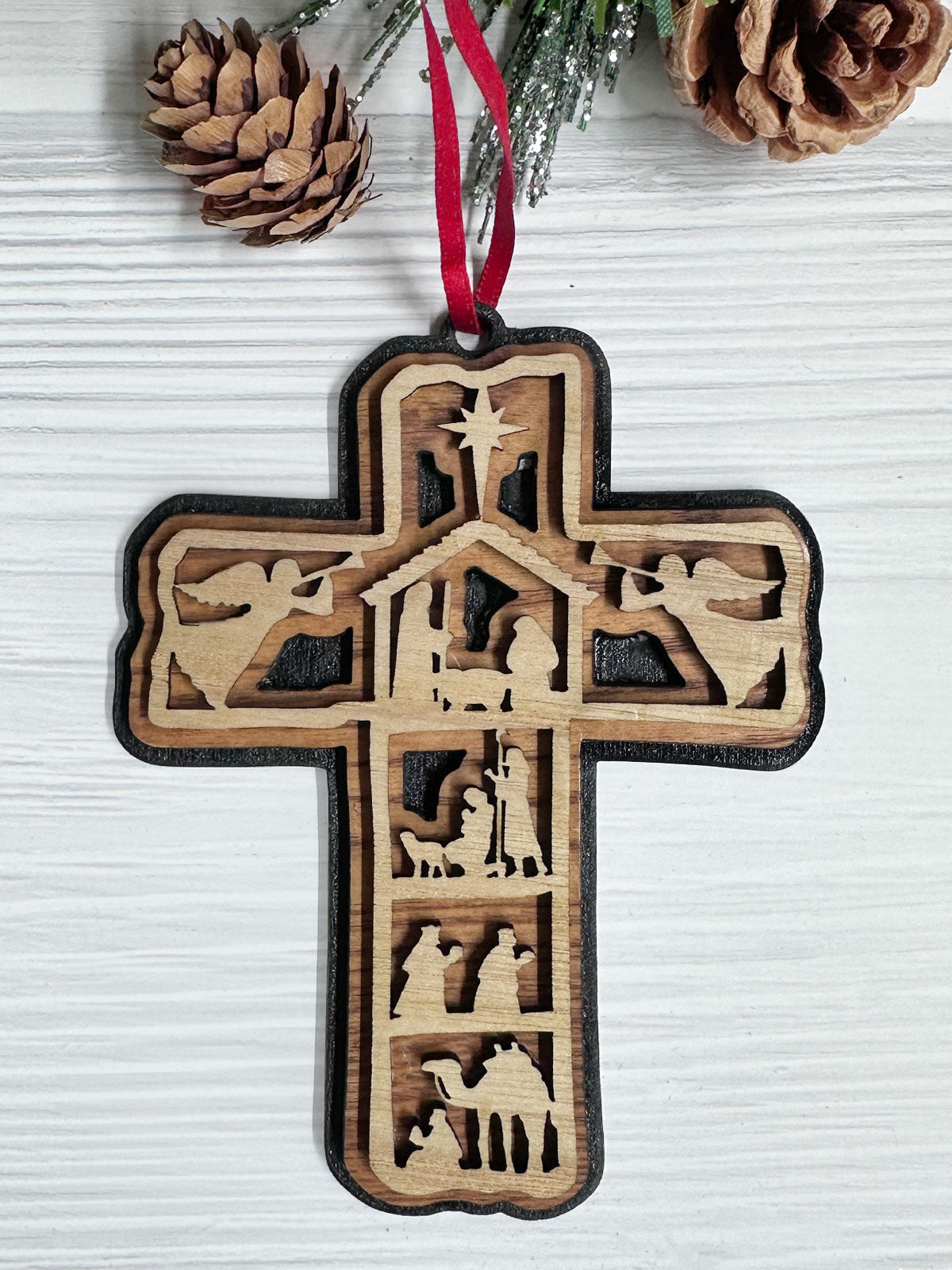 Nativity Scene 3-Layered Cross Wood Ornament