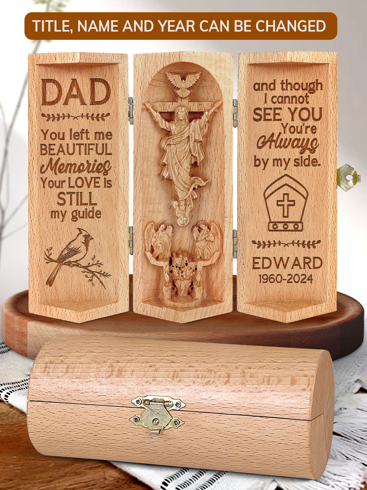 You Left Me Beautiful Memories - Memorial Wooden Cylinder Sculpture of Jesus Christ M17