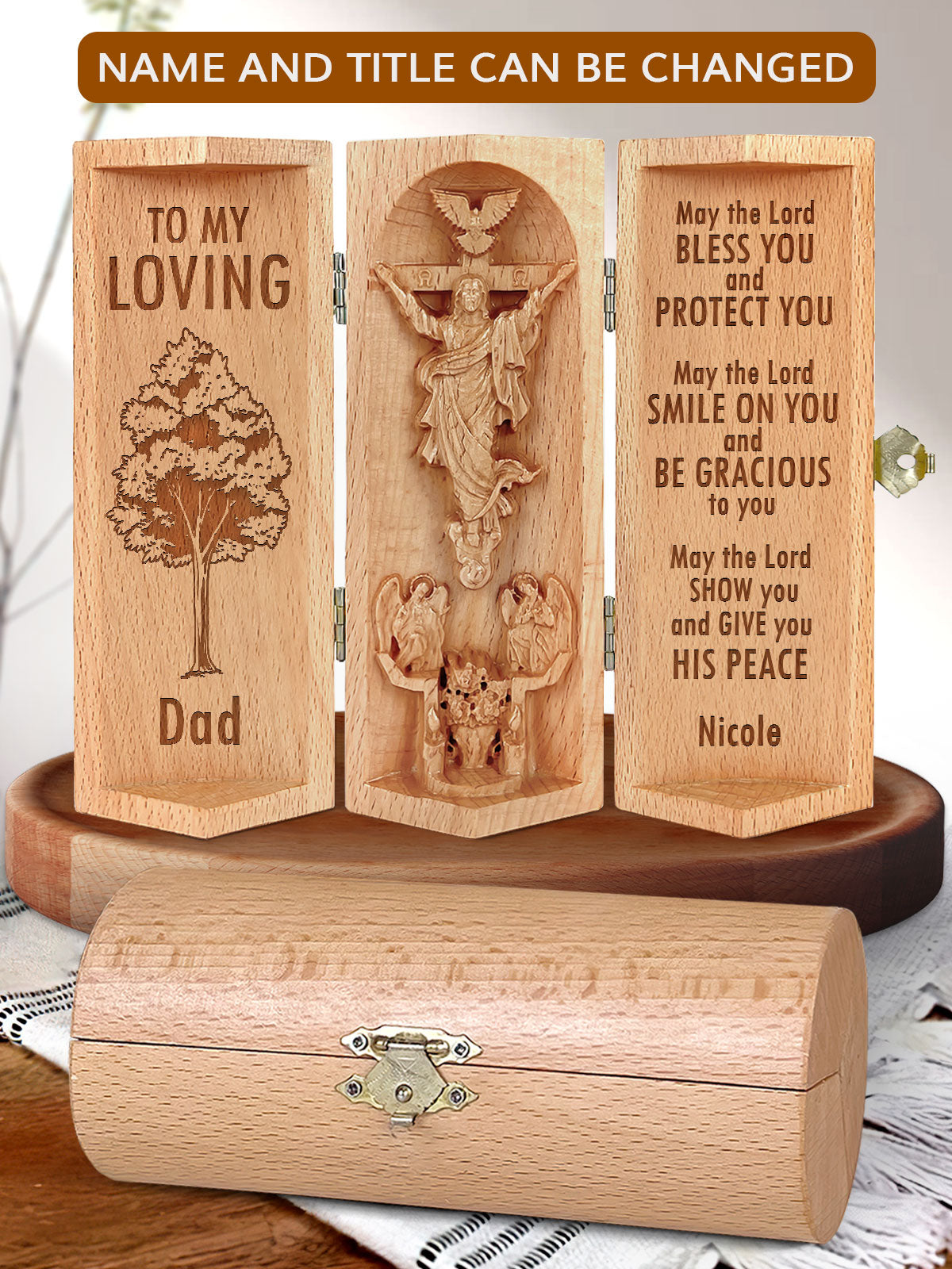 To My Loving Dad - Personalized Openable Wooden Cylinder Sculpture of Jesus Christ