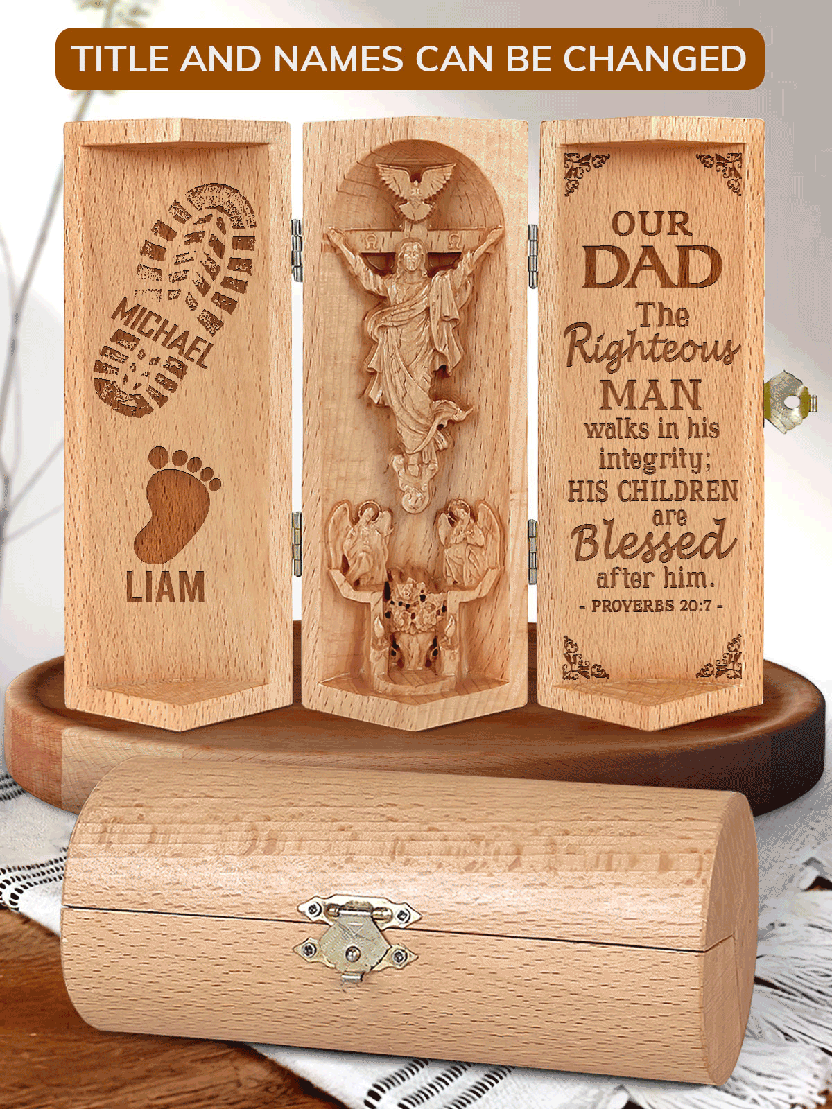 The Righteous Man Walks In His Integrity - Personalized Openable Wooden Cylinder Sculpture of Jesus Christ