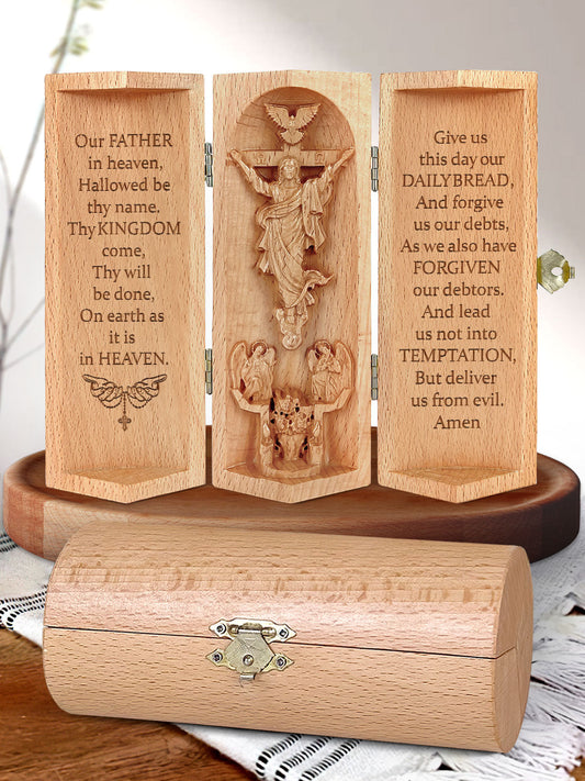 The Lord's Prayer - Openable Wooden Cylinder Sculpture of Jesus Christ