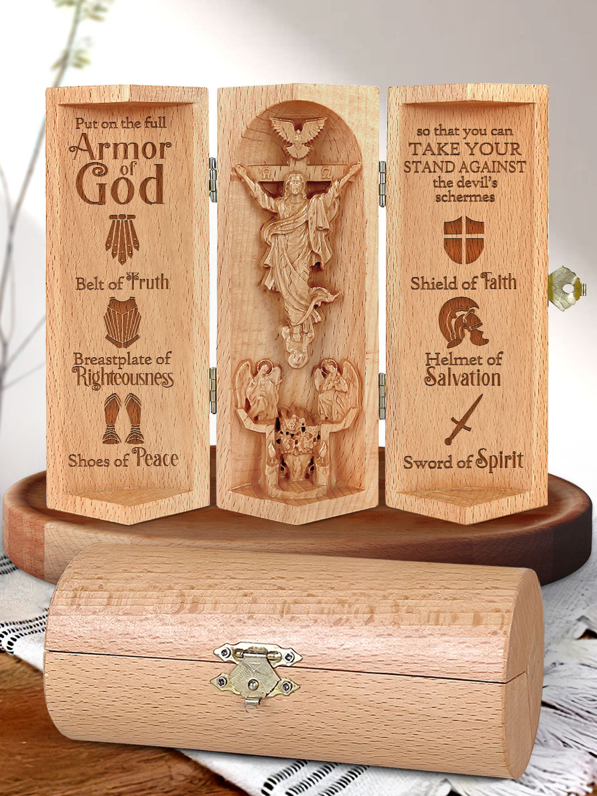 Armor Of God - Openable Wooden Cylinder Sculpture of Jesus Christ HN16B