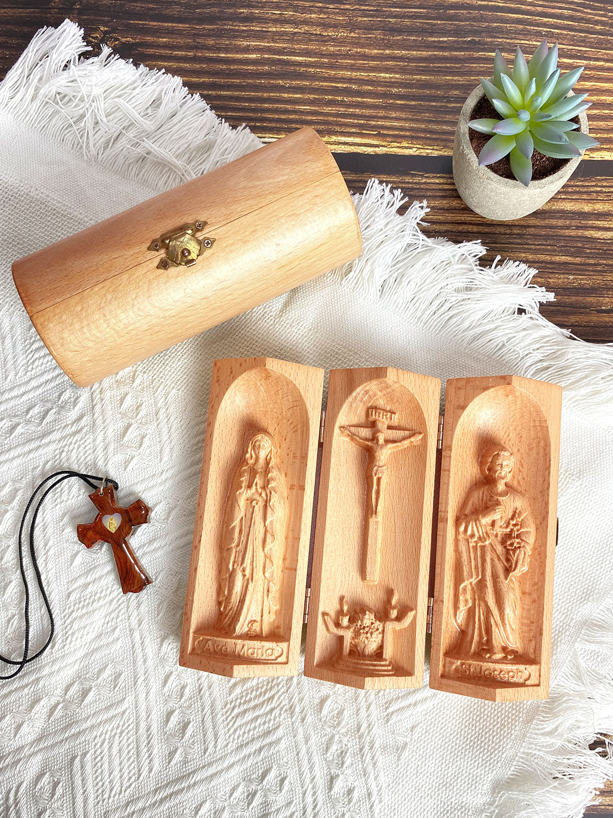 The Holy Family - Openable Wooden Cylinder Sculpture