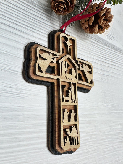 Nativity Scene 3-Layered Cross Wood Ornament