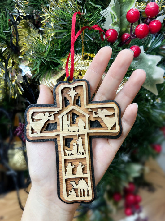 Nativity Scene 3-Layered Cross Wood Ornament