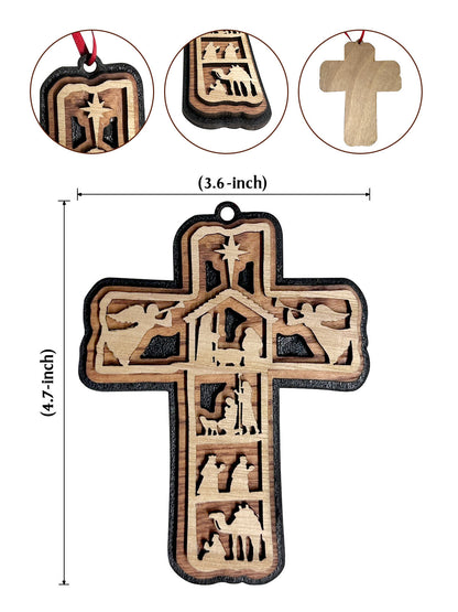 Nativity Scene 3-Layered Cross Wood Ornament