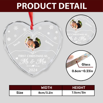 First Christmas Newly Wedding Couple - Personalized Heart Shaped Glass Ornament FCHGOLEHA2198L