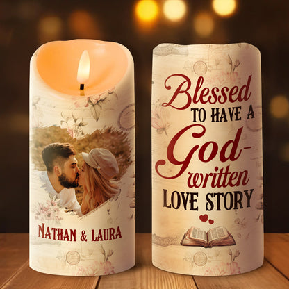 Blessed To Have A God-Written Love Story - Personalized Flameless LED Candle
