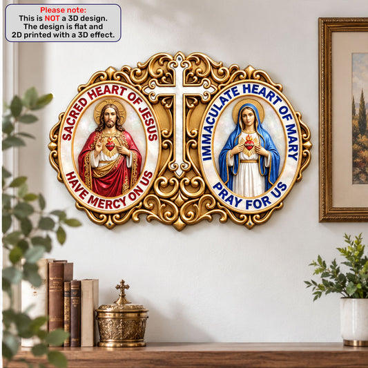 Sacred Hearts Of Jesus And Mary Divine Love And Protection  -  Custom Shaped Metal Sign
