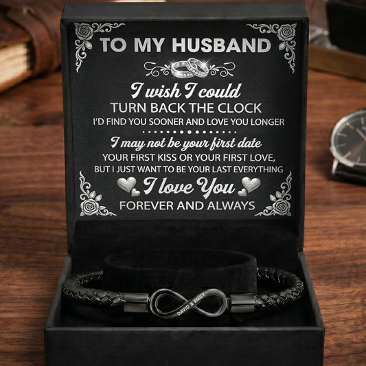 My Forever And Always Husband - Personalized Men's Infinity Bracelet With Gift Box & Card