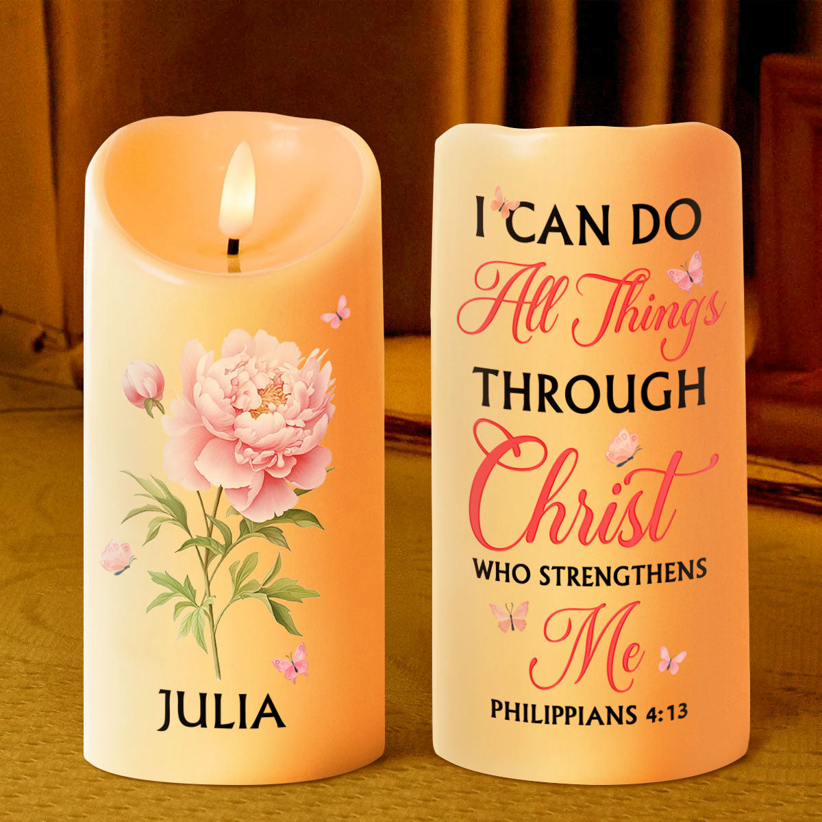 I Can Do All Things Through Christ - Philippians 4:13 Birth Month Flower - Personalized Flameless LED Candle