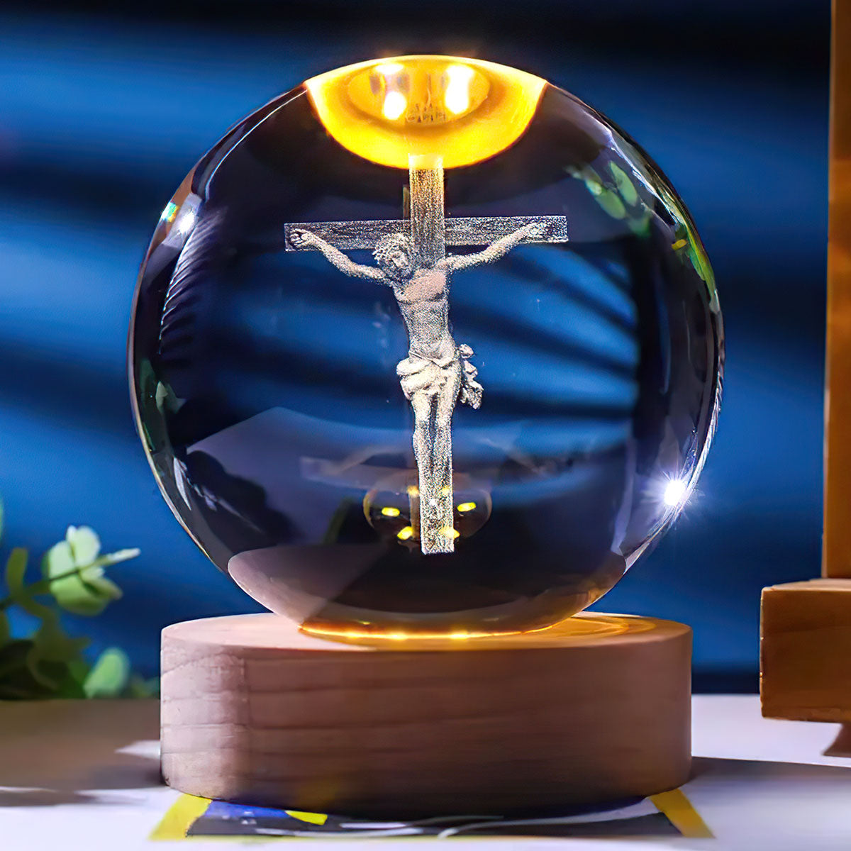 3D Jesus Engraved Wooden Light Base Crystal Globe