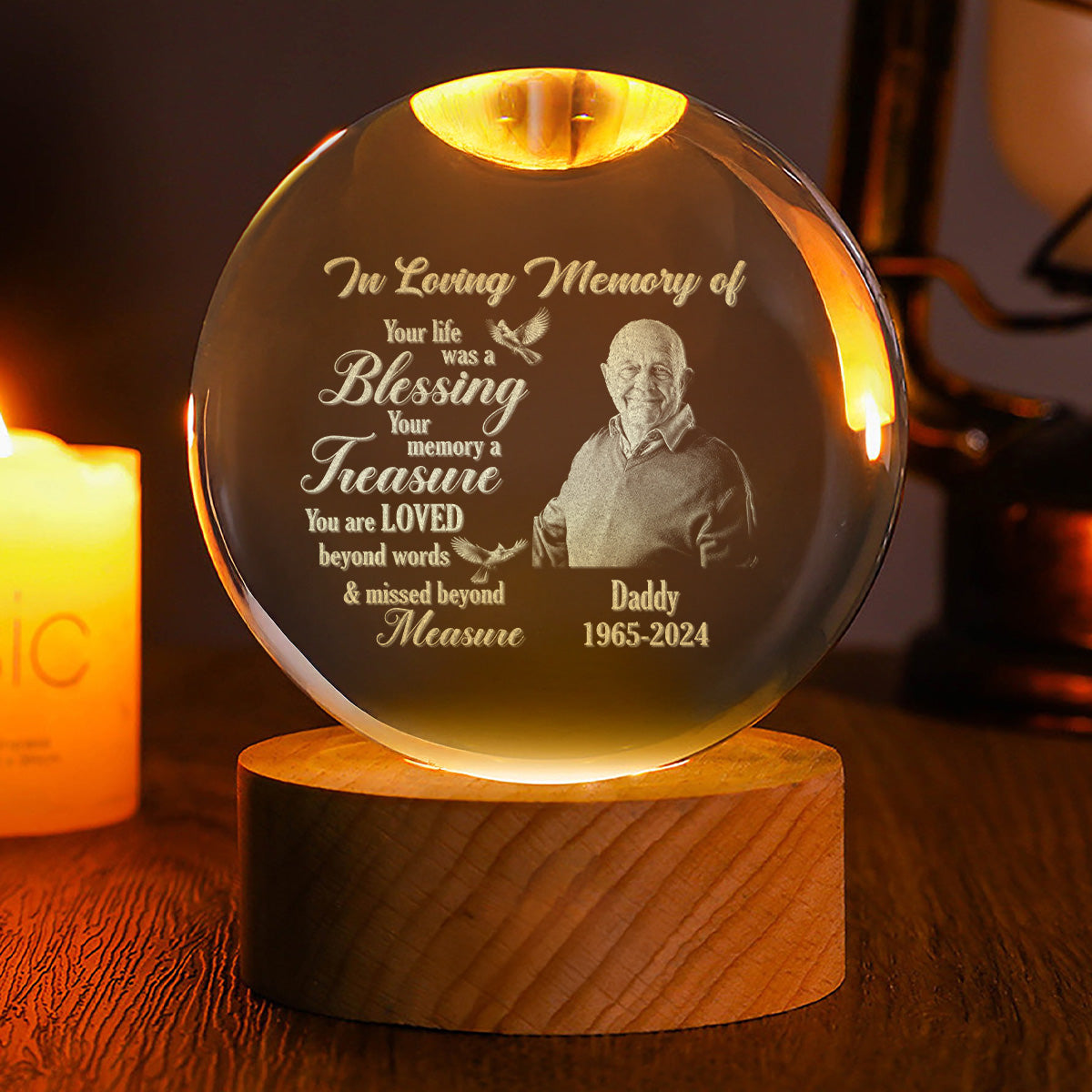 Memorial Your Life Was A Blessing - Personalized Wooden Base Crystal Lamp